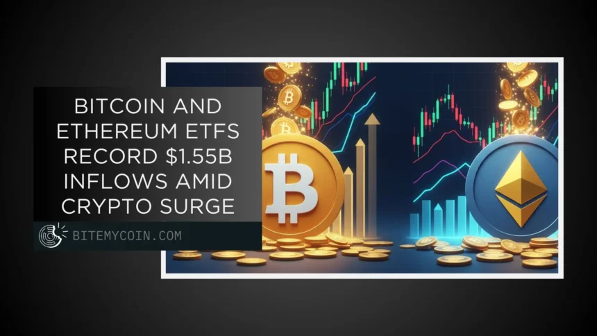 Bitcoin and Ethereum ETFs record .555 billion inflows amid a surge in crypto